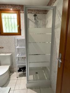 eine Glastür im Bad mit WC in der Unterkunft Maison T2 indépendante avec terrasse et parking in Buxerolles