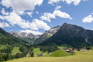 a green valley with mountains in the background at Haus Garni Luggi Leitner in Mittelberg