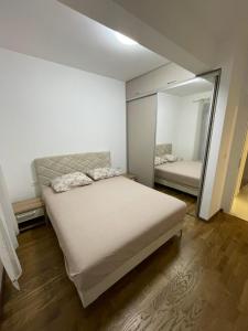 a bedroom with a bed and a large mirror at Apartman Celuga in Bar