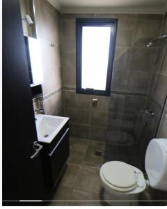 a bathroom with a toilet and a sink and a shower at Departamento centro Carlos Paz con pileta in Villa Carlos Paz