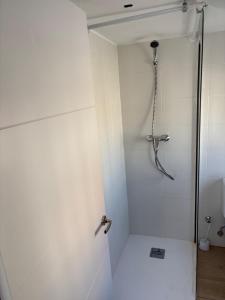 a shower in a white bathroom with a glass door at Casita Malaga Airport in Cártama +7 photos