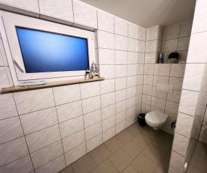 a bathroom with a toilet and a large tv at Spreewiesen Quartier in Spreenhagen