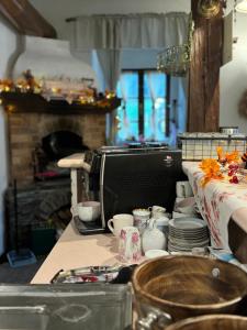a kitchen with a counter with dishes and a microwave at Sancta Katharina in Rozvadov
