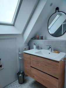 un baño con lavabo y espejo en Villa kormoran, en Carnac