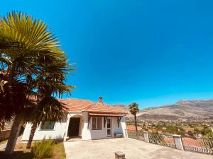 a white house with a palm tree and mountains at Vila Zorka in Trebinje