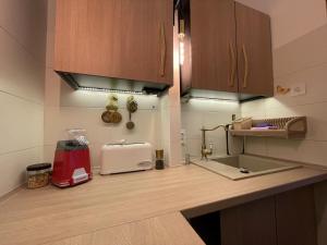 a kitchen counter with a toaster and a sink at Apartamenty pod Wiciokrzewem in Supraśl +201 photos