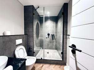 a bathroom with a shower with a toilet and a sink at Luxe 1br apartment on Park in Cape Town +22 photos