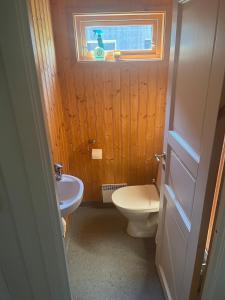 a bathroom with a toilet and a sink and a window at Cottage by the lake in Namsos in Fosslandsosen +8 photos