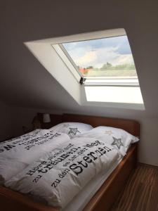 Bett in einem Zimmer mit Dachfenster in der Unterkunft Gästezimmer Hausäckerweg in Erlangen