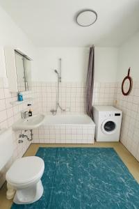 a bathroom with a toilet a sink and a washing machine at Helle 2-Zimmer Erdgeschosswohnung mit Terrasse in Koblenz