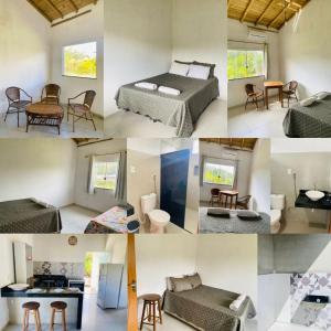 a collage of photos of a room with a bed and furniture at Recanto do Rancho Trancoso in Porto Seguro