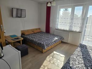 a bedroom with a bed and a television in it at Pokoje Gościnne Elżbieta Chylińska in Krynica Morska