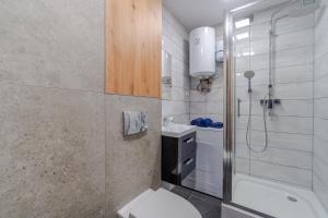 a bathroom with a toilet and a shower and a sink at Apartament Lubliniec Centrum, PW Invest Home in Lubliniec
