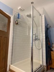 eine Duschkabine im Bad mit Badewanne in der Unterkunft Buddleia Cottage Trewoon, St Austell in St Austell + 23 Fotos