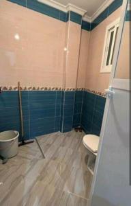 マルティルにあるA well equipped Cozy house in Center of Martil w fast Wifiの青いタイル張りの壁、トイレ付きのバスルーム