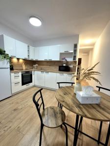a kitchen with a table and chairs in a room at Krásny apartmán v Ružinove in Bratislava