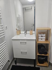 モンベリアルにあるLuxury apartment city center Montbeliardの白い洗面台と鏡のあるバスルーム +8枚の写真