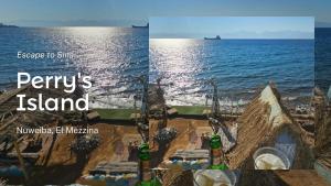 a collage of two pictures of the ocean and a beach at New Perry's Island in Nuweiba‘ el Muzeinah