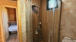 a bathroom with a shower and a toilet in it at La Madera in Stanica Rumenka +21 photos