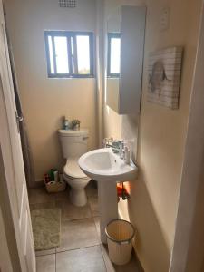 a small bathroom with a toilet and a sink at Skimbo's Apartment in Lusaka