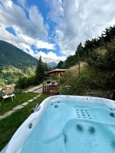 eine Whirlpool-Badewanne mit Bergblick in der Unterkunft Chalet Opalpin Lodge & Spa, vue montagne et jacuzzi in Saclentse