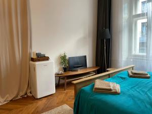 a room with a bed and a desk with a television at štepánská noc B in Prague