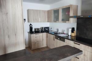 ラインフェルデンにあるnew - Horizon104 Apartmentのキッチン(木製キャビネット、黒いカウンタートップ付)