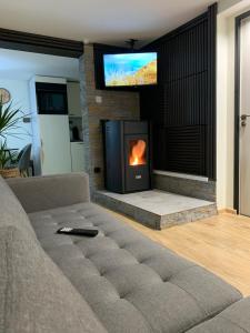 a living room with a couch and a fireplace with a tv at Guest House in Ventspils