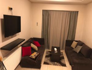 a living room with a couch and a flat screen tv at Panda Hotel Apartments in Amman