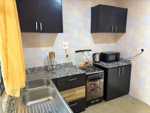 a small kitchen with a sink and a stove at Sunsea Apartments in Abeokuta