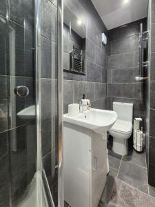 a bathroom with a sink and a toilet and a shower at Modern Central Flat with Garden & Parking in Southampton +13 photos