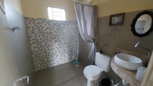 a bathroom with a toilet and a sink and a mirror at Chalé Rosa in Pirenópolis +24 photos
