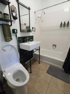 a bathroom with a white toilet and a sink at The Millennium Club at Solar Lodge, 2bdrm, 1 bath premium private apt in Chicago +30 photos