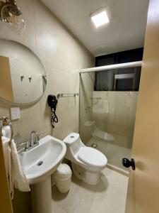a bathroom with a sink and a toilet and a shower at Depamor in Morelia