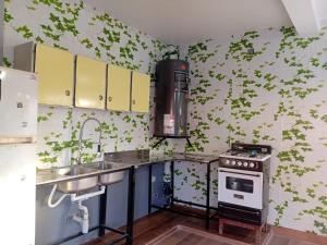 a kitchen with green leaves on the wall at Hospedaje TAWA WASI in Tilcara