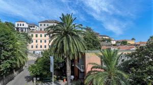 a palm tree in front of a large building at Guest House Vila Eli in Herceg-Novi