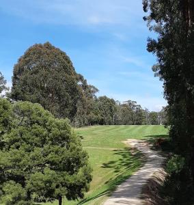 a dirt road leading to a green field with trees at 1st T Motel in Mirboo North