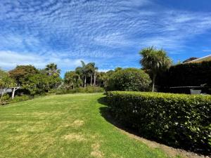 a lawn with bushes and trees and a blue sky at Moa Studios - Stay Waiheke in Blackpool