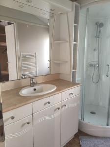 a white bathroom with a sink and a shower at Mobilhome résidentiel in Gassin +50 photos