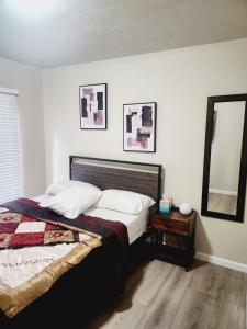 a bedroom with a bed and a table with a mirror at Complete Home with everything in The Colony