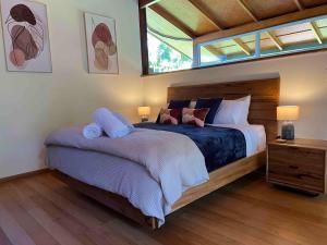 a bedroom with a large bed and a window at Lux rainforest lodge - 2 King bedrooms in Jogo
