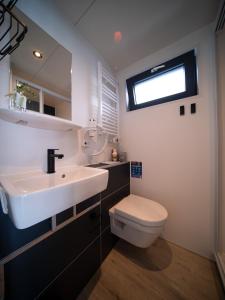 a bathroom with a sink and a toilet and a window at Houseboat Mookerplas met Hottub in Middelaar