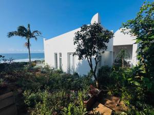 a white house with the ocean in the background at The Villa At Nakai in Trafalgar