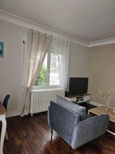 ブールジュにあるMaison Aéroport Bourgesのソファと窓のあるリビングルーム