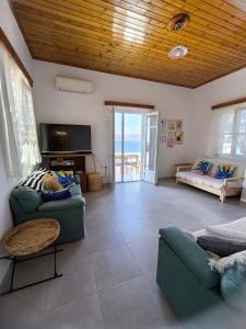 a living room with two couches and a television at "Villa Kanella"Sea View Hydra Kamini malouholidays in Hydra