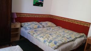 a bedroom with a bed with a red headboard at Zách Klára utcai Apartman in Visegrád