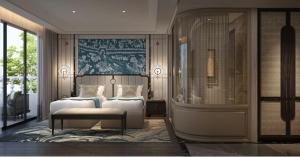 a bedroom with two beds and a shower at Manevi Premier Hotel in Hanoi