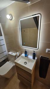 a bathroom with a sink and a mirror and a toilet at Ático para 2 personas en Jaén in Jaén