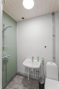a bathroom with a sink and a shower and a toilet at Staycation Törrö Sellivahti as 2 in Pudasjärvi