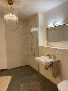 une salle de bain avec une douche, un lavabo et un miroir dans l'établissement bei Stefanie, à Bad Kötzting 23 autres photos